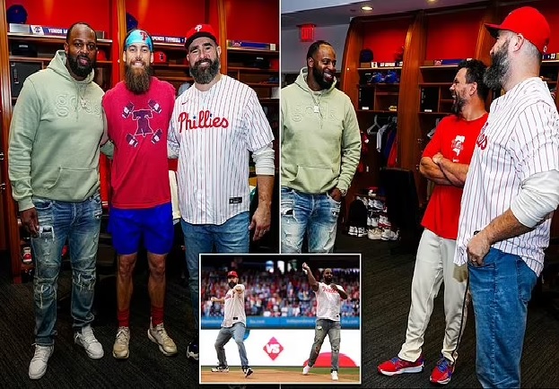 Jason Kelce and Fletcher Cox meet Phillies stars ahead of throwing first pitch at Citizens Bank Park after Eagles legend joked his 'elbow doesn't work'