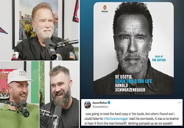 EXCLUSIVE: Jason Kelce excitedly reveals he has started listening to Arnold Schwarzenegger's audiobook after interviewing the Hollywood star on New Heights with brother Travis: 'Getting pumped up as we speak!'