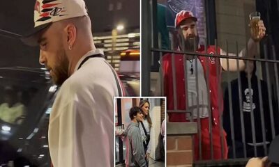 JUST: Jason and Travis Kelce pound beers with adoring frat boys at an afterparty in Cincinnati following New Heights live show… and Kylie Kelce takes selfies with fans as she darts next door for some late-night food