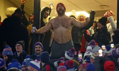 Kelce jumped out of a luxury suite shirtless while drinking beers at the Chiefs-Bills AFC Divisional round postseason game