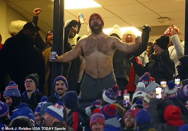 Kelce jumped out of a luxury suite shirtless while drinking beers at the Chiefs-Bills AFC Divisional round postseason game