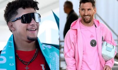 Patrick Mahomes welcomes Lionel Messi with an affectionate hug in the Sporting KC vs Inter Miami match