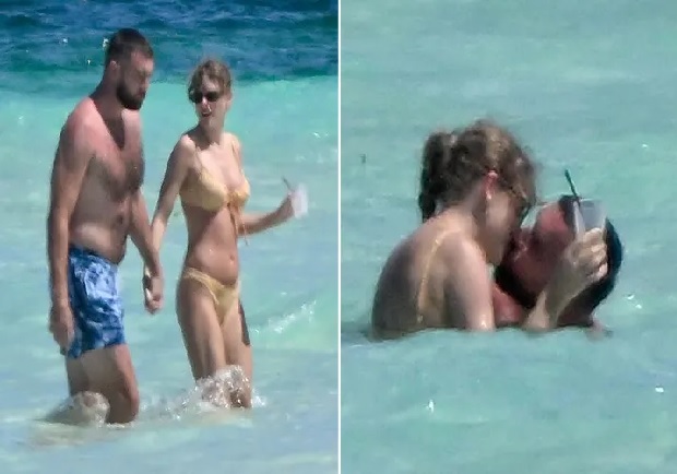 The singer Taylor Swift and the NFL star Travis Kelce were pictured kissing in the waves