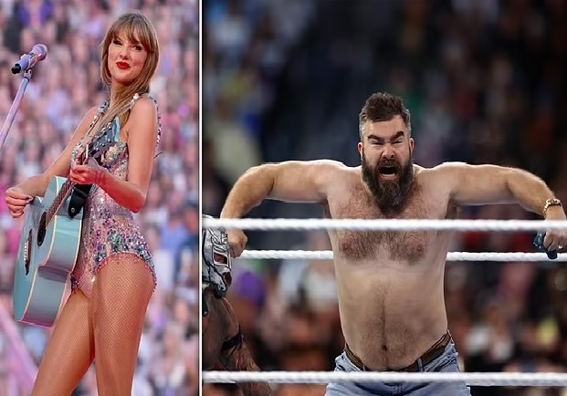 WWE drops Taylor Swift reference as broadcast calls Jason Kelce 'what's her name's brother-in-law' during Eagles legend's surprise appearance at WrestleMania