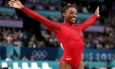 Simone Biles Wears Fiery Red Leotard Covered in 3,600 Crystals to Win Gold in Paris Olympics Vault Final