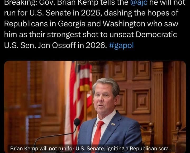 Breaking News: Huge news for Ossoff and Senate Dems generally. Trump, Thune and Tim Scott all lobbied Kemp hard to run...see more
